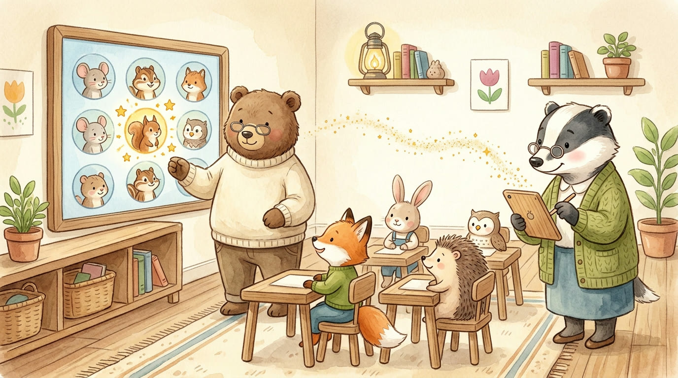 A bear teacher points to a classroom screen of creature portraits while a badger co-teacher at the back of the room taps a tablet, sending a trail of golden sparkles to the screen as fox, bunny, hedgehog, and owl students watch from their desks