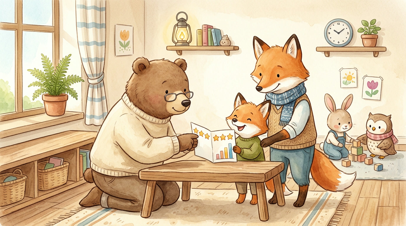 A bear teacher kneels at a low table showing a fox student and the fox's parent a paper report with a row of stars and a small rising chart