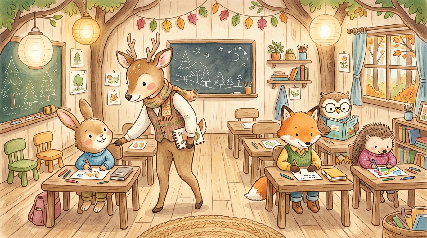 Illustrated woodland classroom where a gentle deer teacher strolls between desks of fox, rabbit, hedgehog, and owl students busy with their work, pausing to lean in warmly beside the rabbit's desk with an encouraging smile while soft lantern light glows over the cozy scene