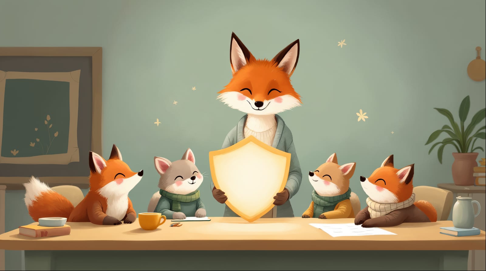 Illustrated fox teacher holding a glowing shield that protects a row of happy woodland-animal students
