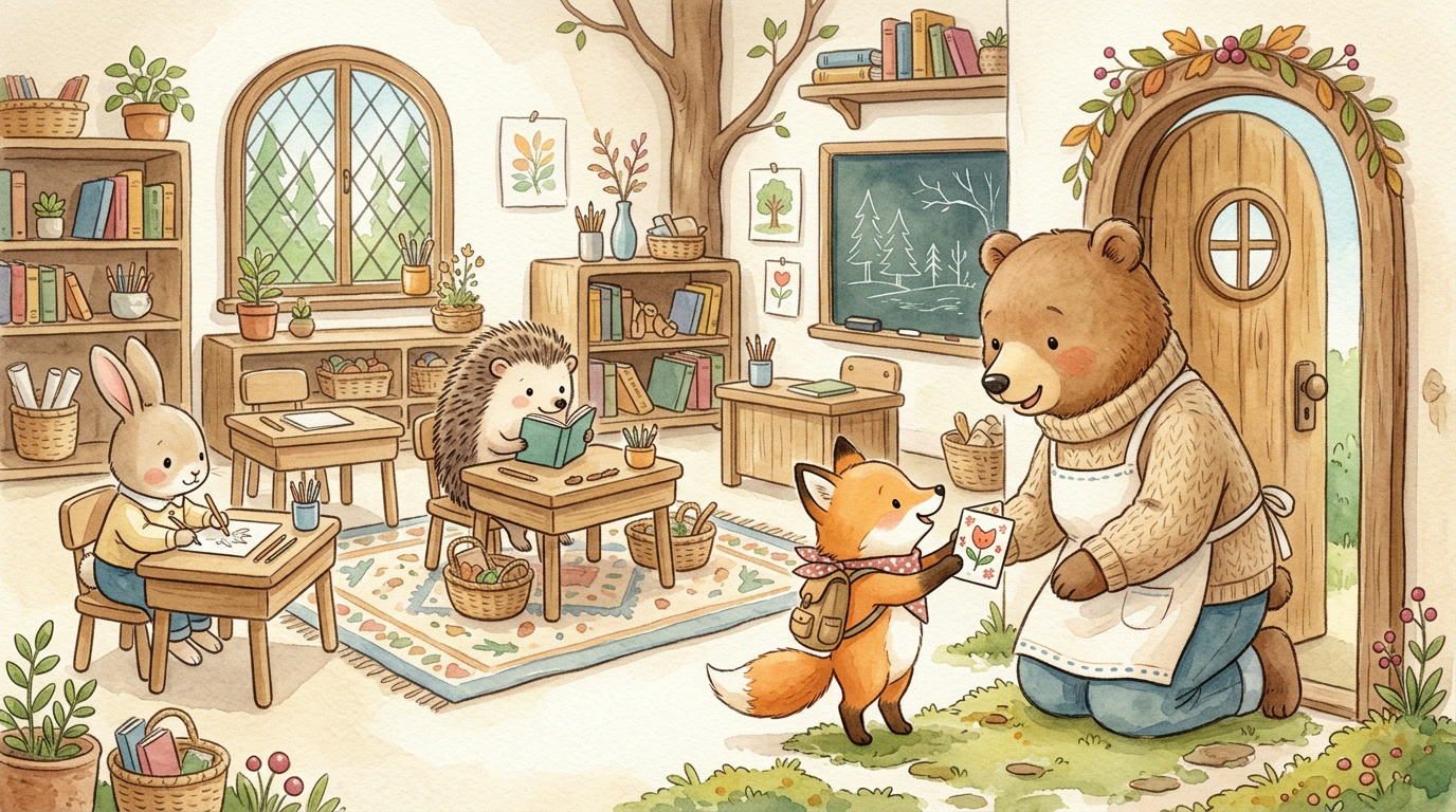Illustrated bear teacher kneeling at a cozy classroom doorway to greet a small fox student holding a point card, with rabbit and hedgehog students at desks in the warm morning light behind them