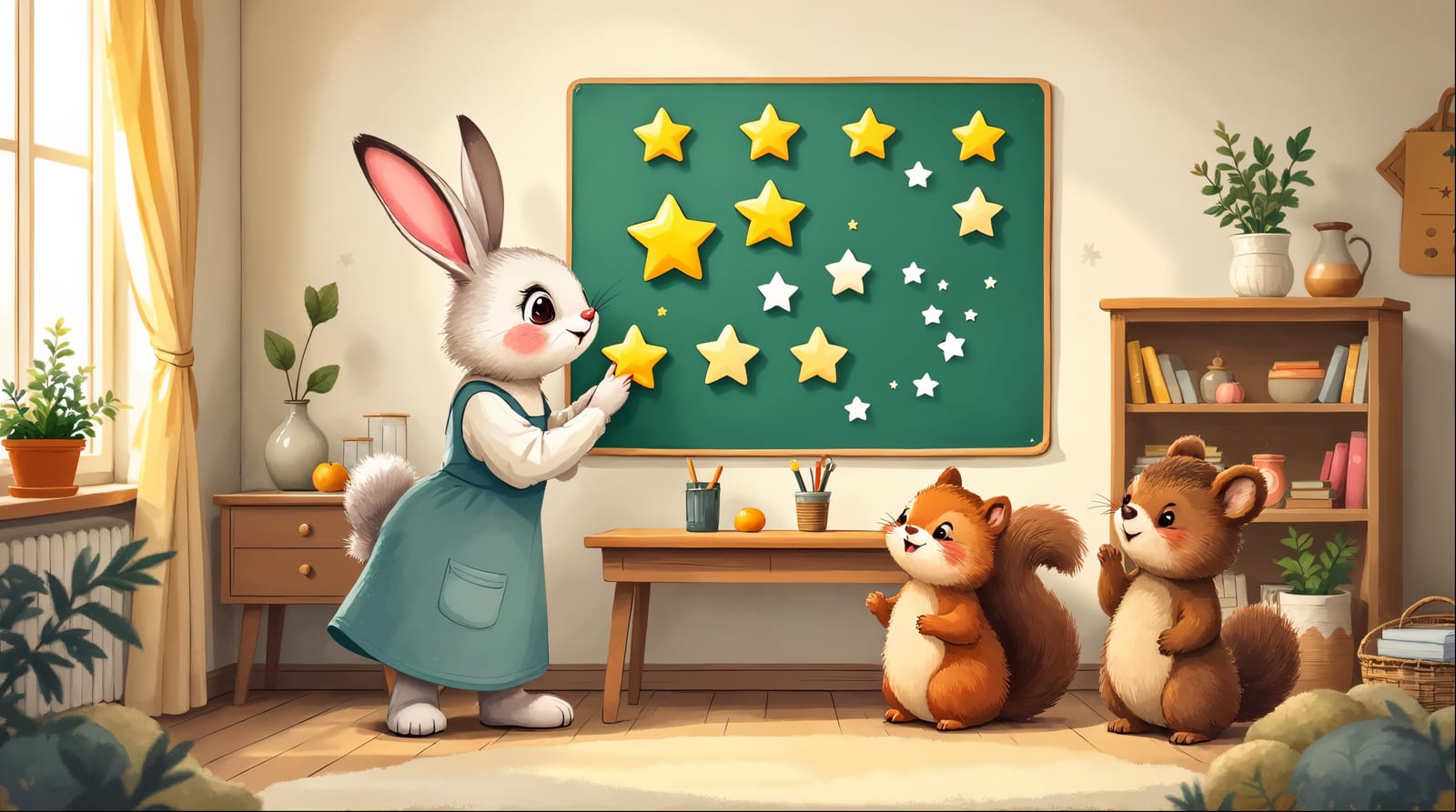 Illustrated rabbit teacher adding a gold star to a star reward chart while squirrel students cheer