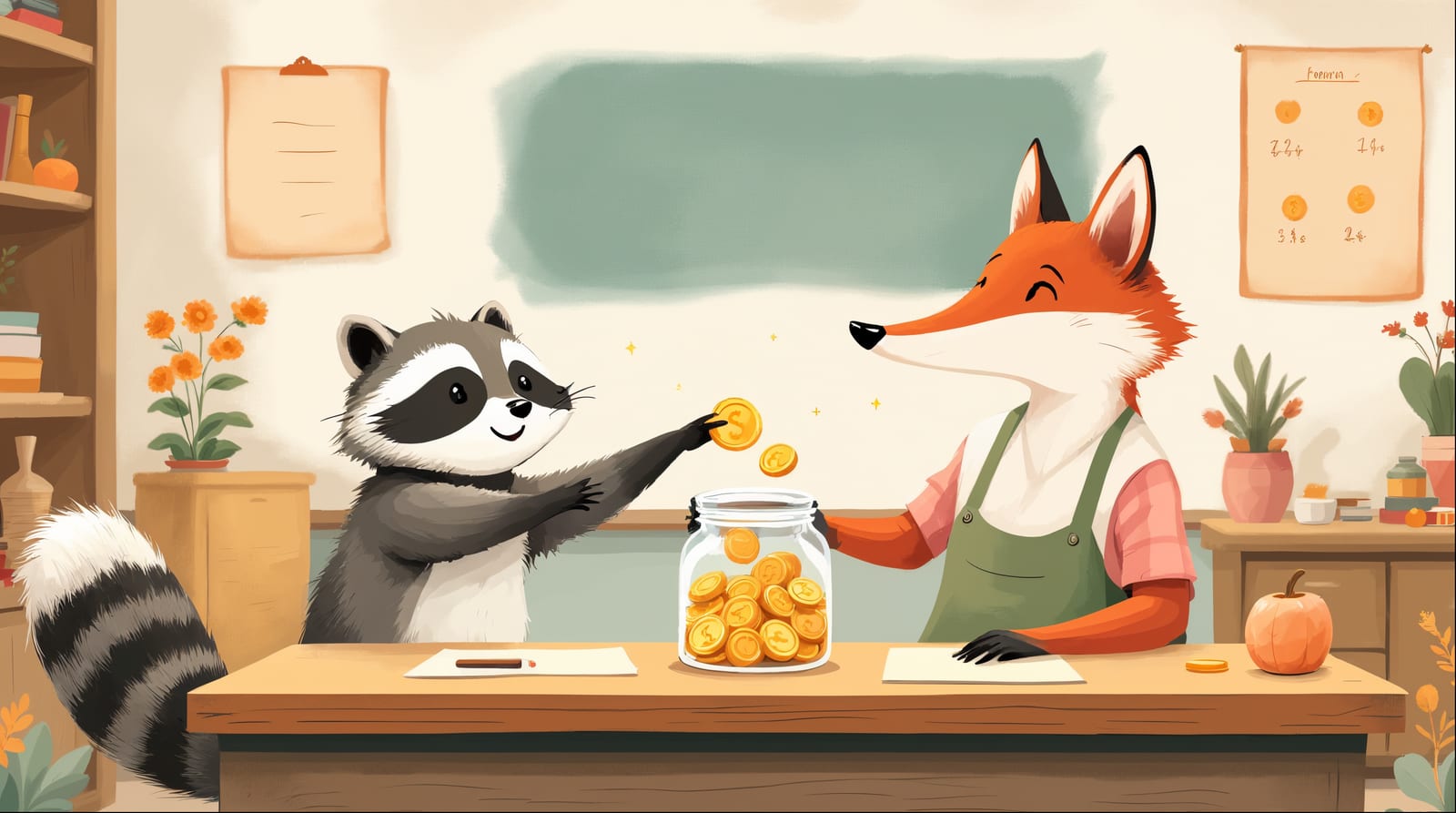 Illustrated raccoon student dropping a golden token into a reward jar as a smiling fox teacher looks on