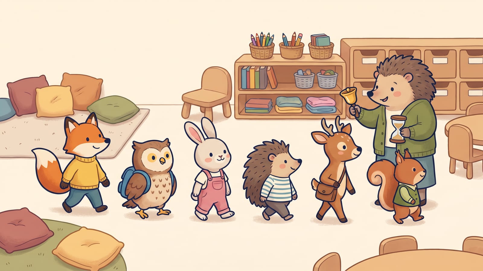 Illustrated woodland-animal students calmly lining up to move between activities while a hedgehog teacher holds a bell and timer