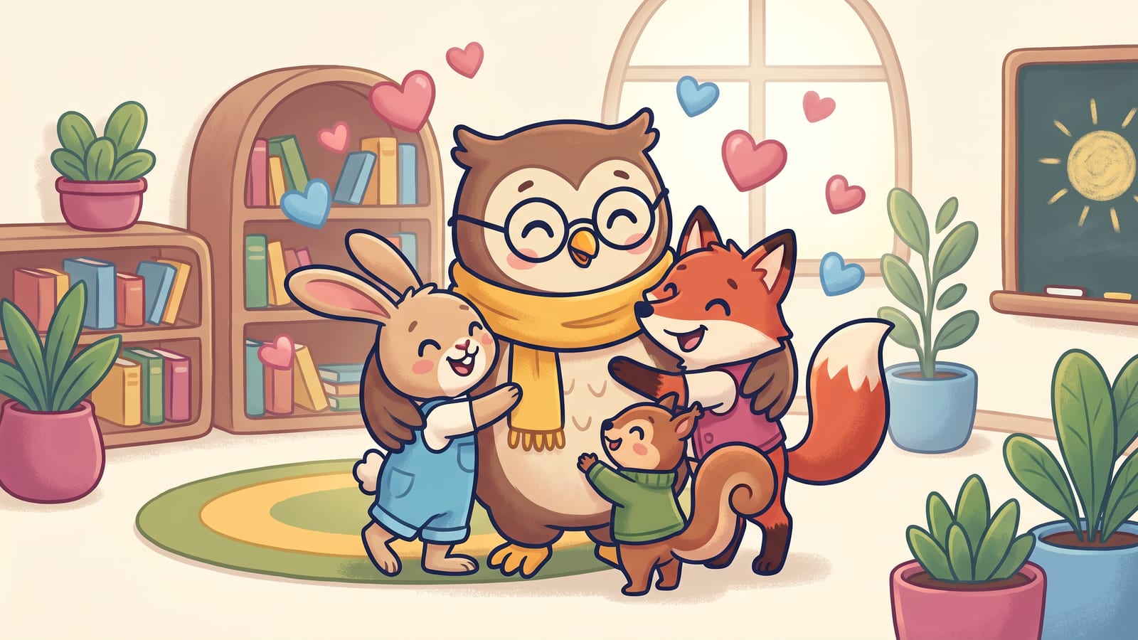 Illustrated young woodland-animal students happily hugging their gentle owl teacher in a cozy classroom