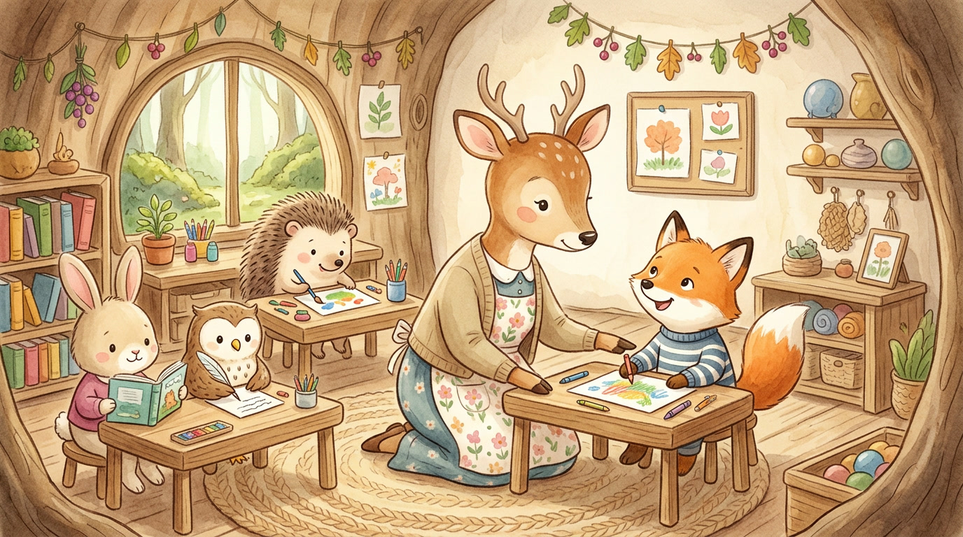 Illustrated woodland-animal classroom where a kind deer teacher kneels beside a young fox student's desk, pointing gently at the fox's paper to show the next step while the fox looks up with bright, encouraged eyes — a bunny, an owl, and a hedgehog working happily at nearby desks
