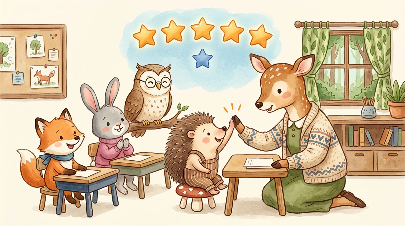 Illustrated woodland classroom where a gentle deer teacher kneels to give a warm high-five to a beaming hedgehog student at a cozy wooden desk, while a fox, a bunny, and an owl classmate look on happily; five glowing amber stars float in a friendly row above one small blue star, suggesting a five-to-one balance