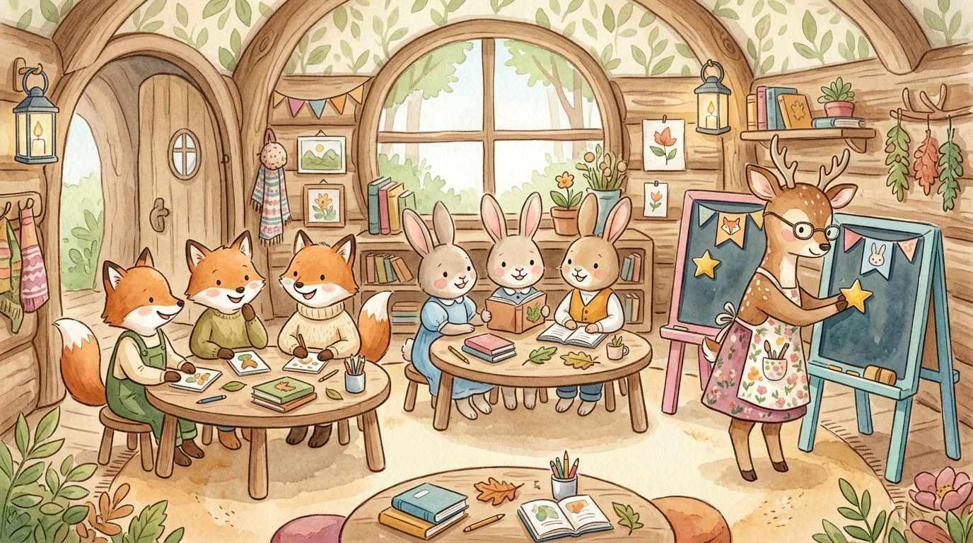 Illustrated woodland classroom where fox and rabbit students sit in two happy teams at their desks while a deer teacher adds a gold star to each team's scoreboard