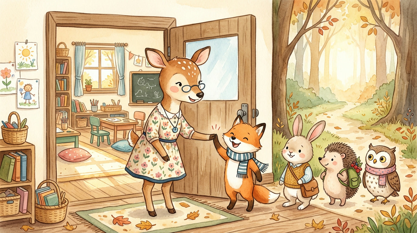 Illustrated woodland classroom doorway where a warm deer teacher stands at the open door greeting a happy line of fox, rabbit, hedgehog, and owl students on their way in, offering a gentle high-five to the little fox at the front while soft morning light spills across the cozy room behind them