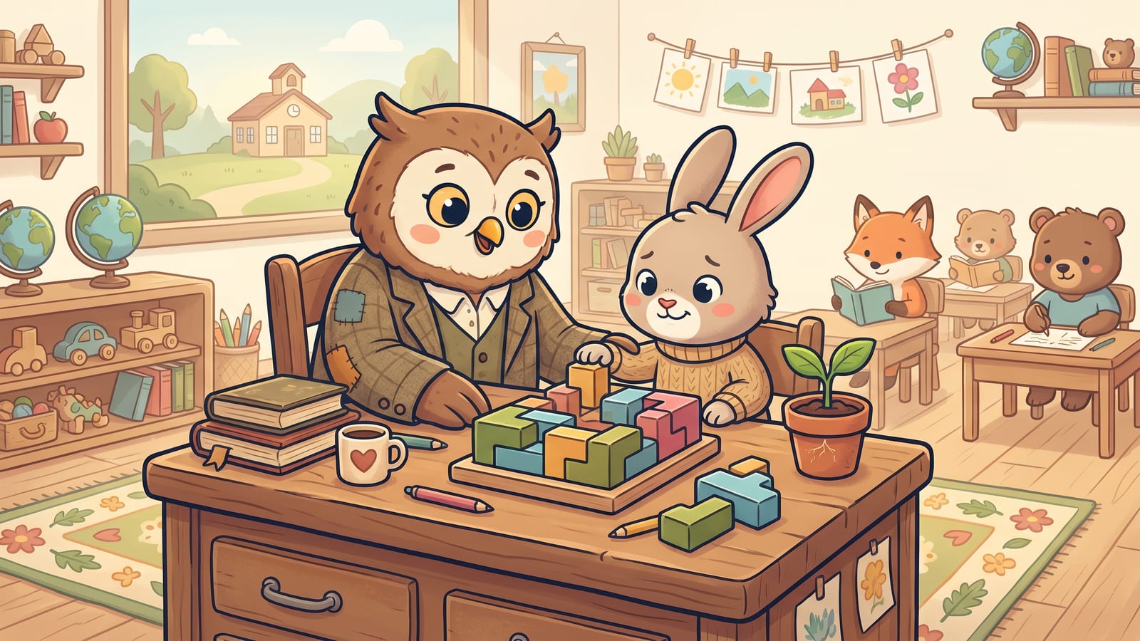 Illustrated owl teacher guiding a young rabbit through a block puzzle beside a small growing sprout