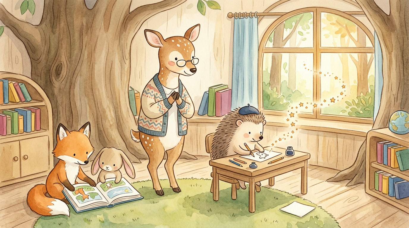 Illustrated woodland classroom where a gentle deer teacher takes a quiet step back, hands clasped warmly, as a proud hedgehog student works independently at a cozy wooden desk; a fox and a bunny classmate read together nearby, and a small trail of amber stars drifts up and away from the hedgehog's desk toward the window, gently dissolving into soft sunlight