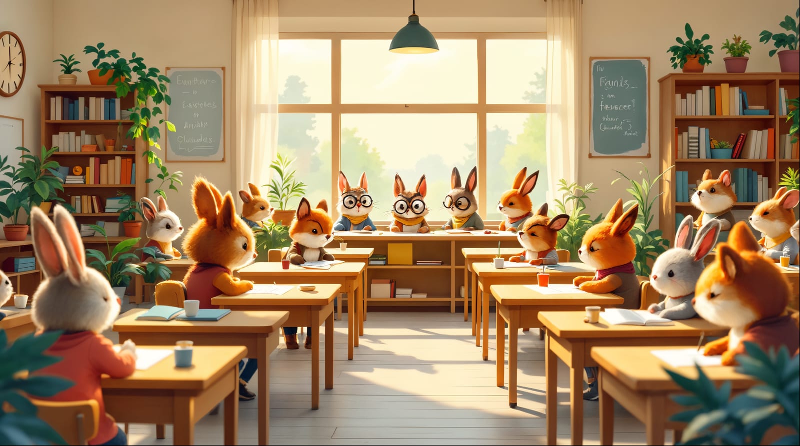 Illustrated calm classroom of woodland-animal students working peacefully in warm afternoon light