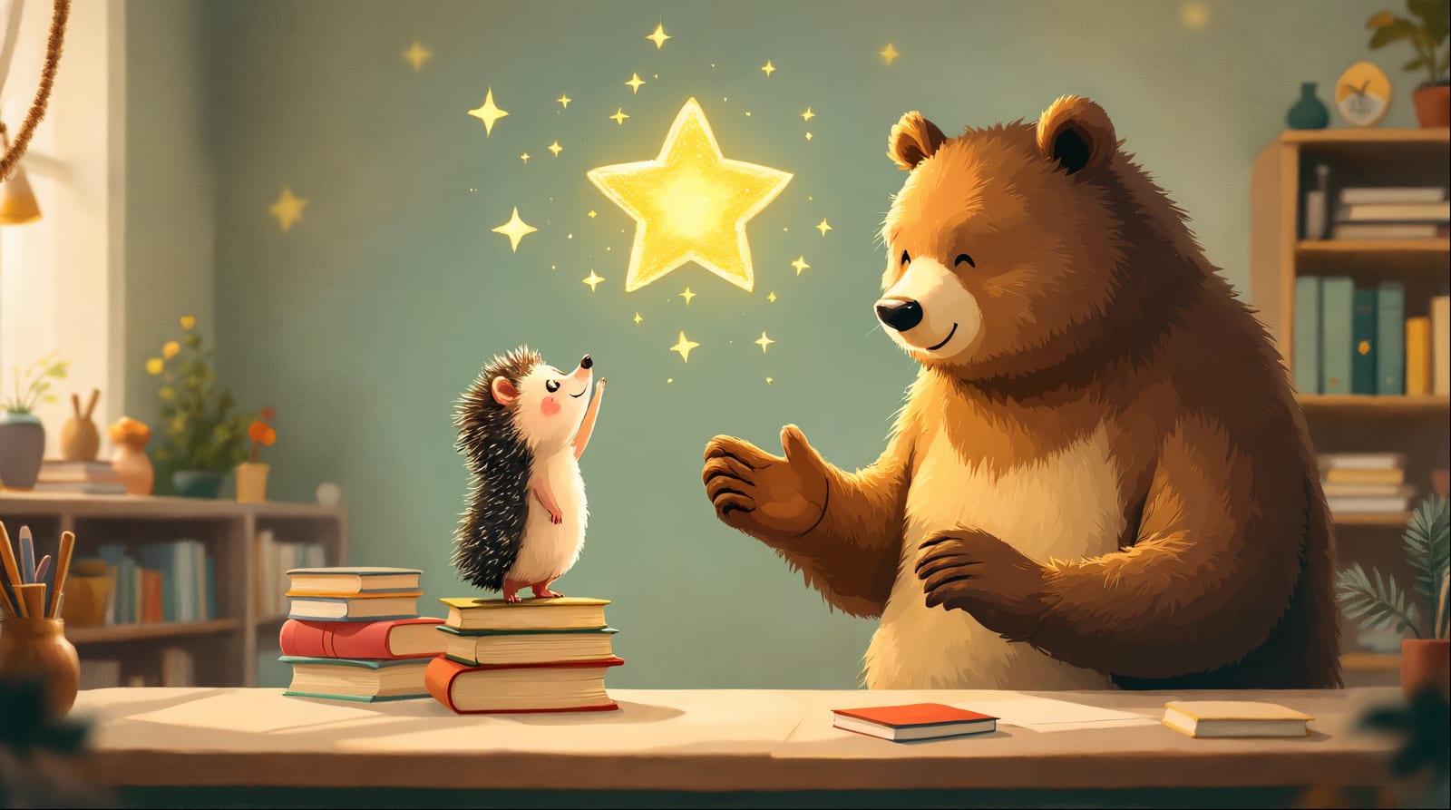 Illustrated hedgehog student on a stack of books reaching toward a glowing star as a bear teacher cheers