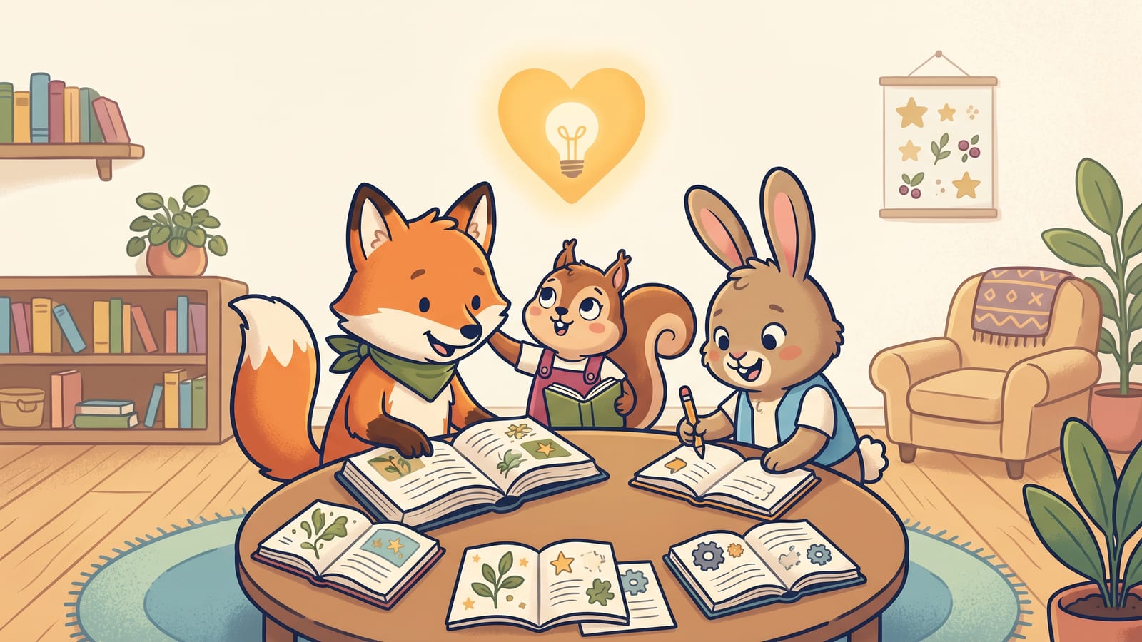 Illustrated woodland-animal students happily working together over books with a glowing lightbulb of curiosity above them