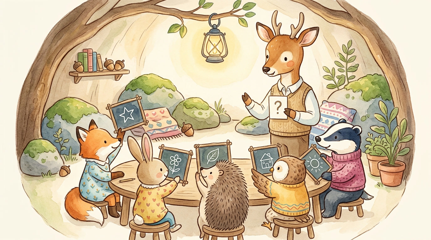 Illustrated woodland classroom where a friendly deer teacher holds up a question card at the front while fox, rabbit, hedgehog, owl, and badger students each hold up their own small answer slates at the same time, every student participating at once under warm lantern light in the cozy den classroom