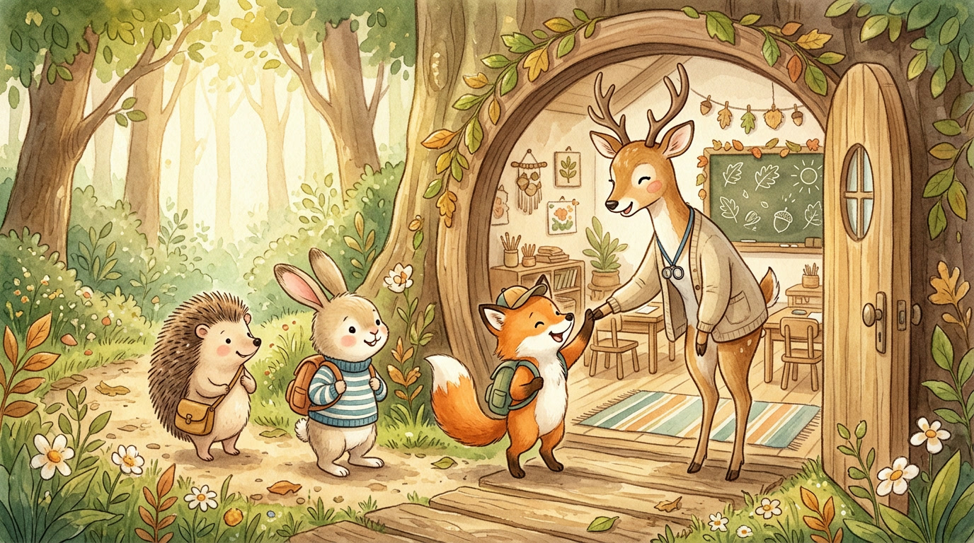 Illustrated deer teacher warmly greeting a line of smiling fox, rabbit, and hedgehog students at the classroom door, offering a gentle high-five as morning light fills a cozy woodland classroom