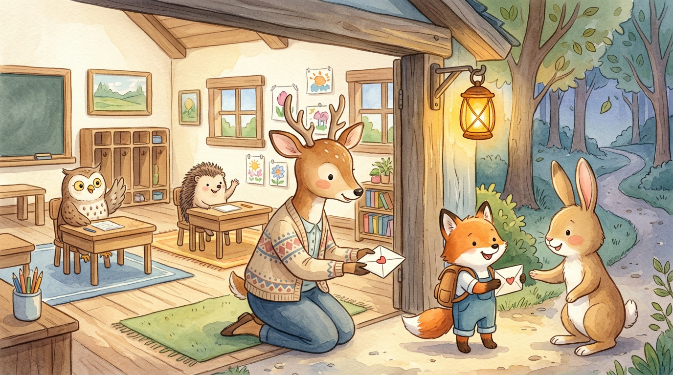 Illustrated woodland classroom doorway at the end of the day where a gentle deer teacher kneels to hand a small folded paper note with a red heart seal to a beaming fox student, whose rabbit parent waits just outside under a glowing amber lantern; an owl and a hedgehog classmate wave goodbye from their cozy wooden desks