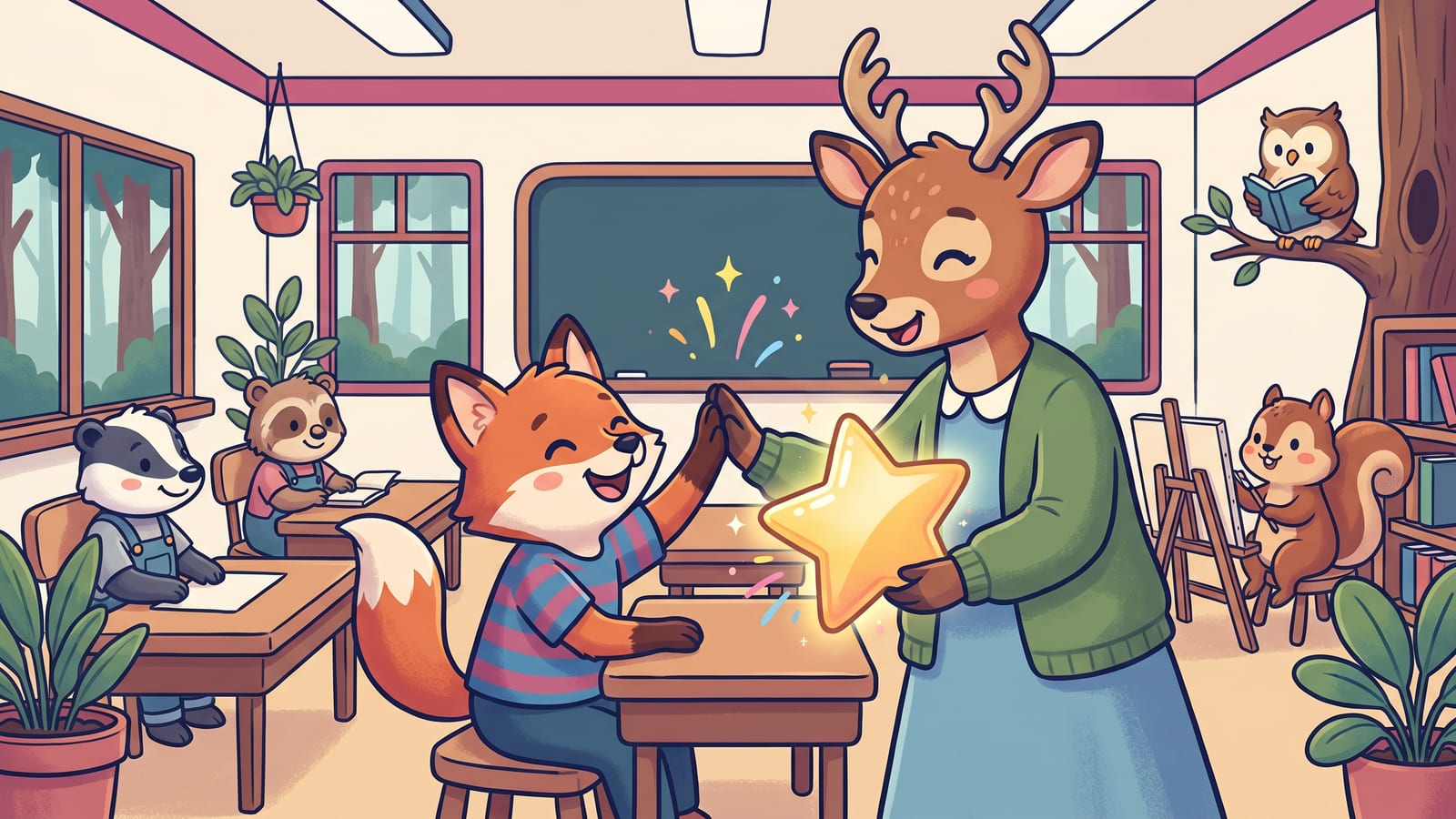Illustrated deer teacher giving a happy fox student a high-five and a glowing gold star