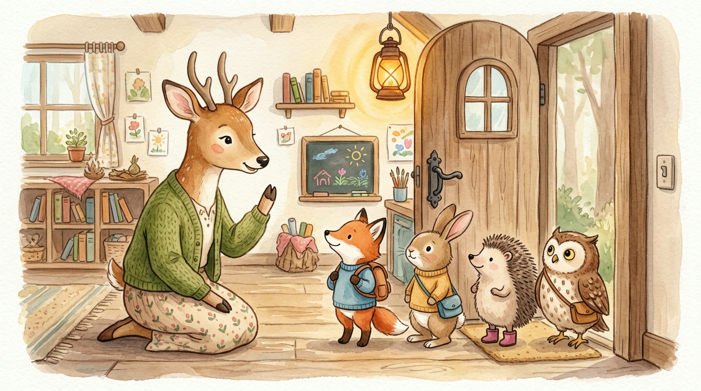 Illustrated woodland classroom where a gentle deer teacher kneels by the classroom door giving a calm, friendly reminder to a line of fox, rabbit, hedgehog, and owl students waiting to head into the hallway, one paw raised in a soft "remember" gesture while warm lantern light glows over the cozy scene