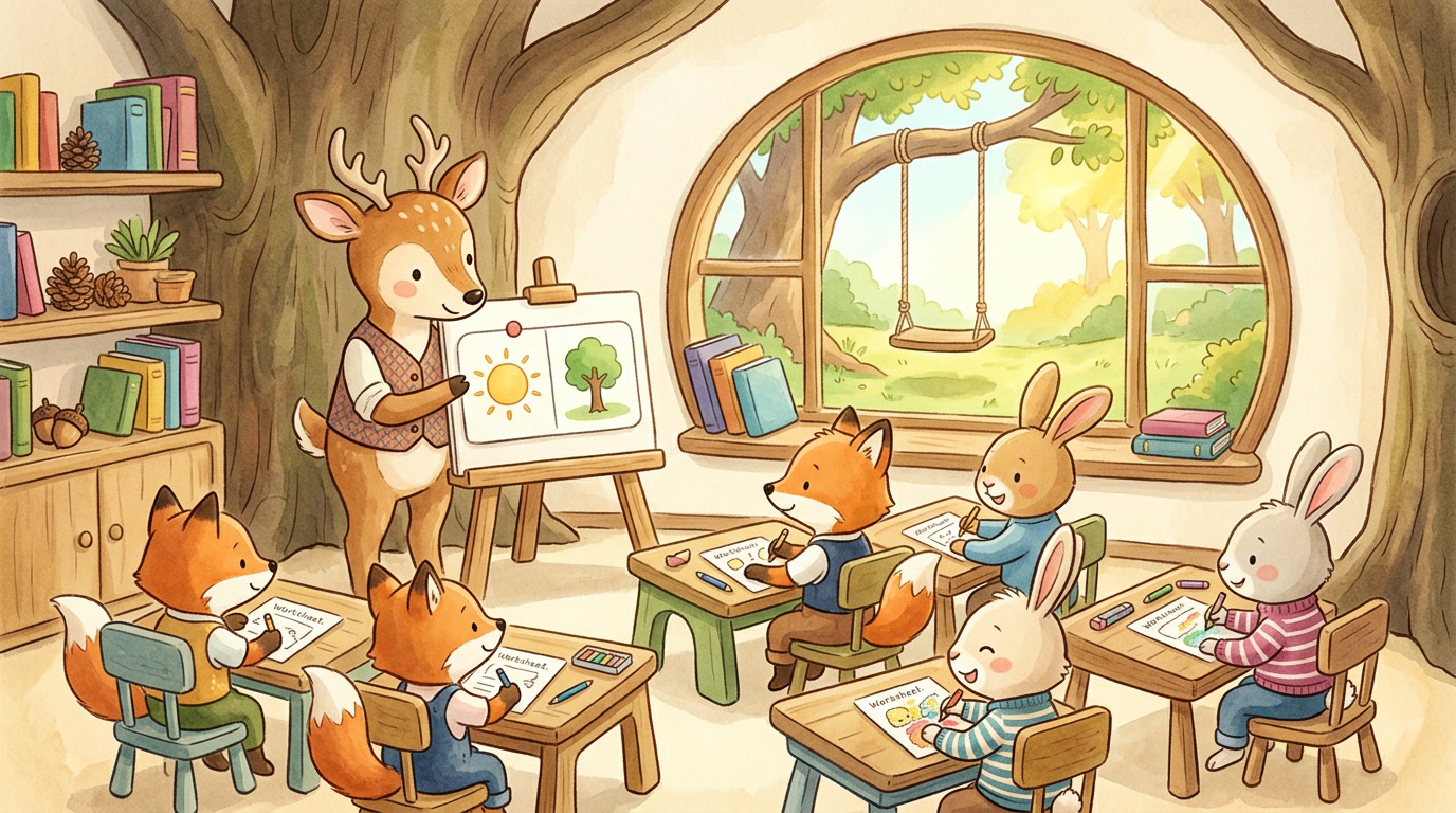Illustrated woodland classroom where a deer teacher holds up a two-panel first-then picture card while fox and rabbit students finish worksheets at their desks and a sunny playground waits outside the window