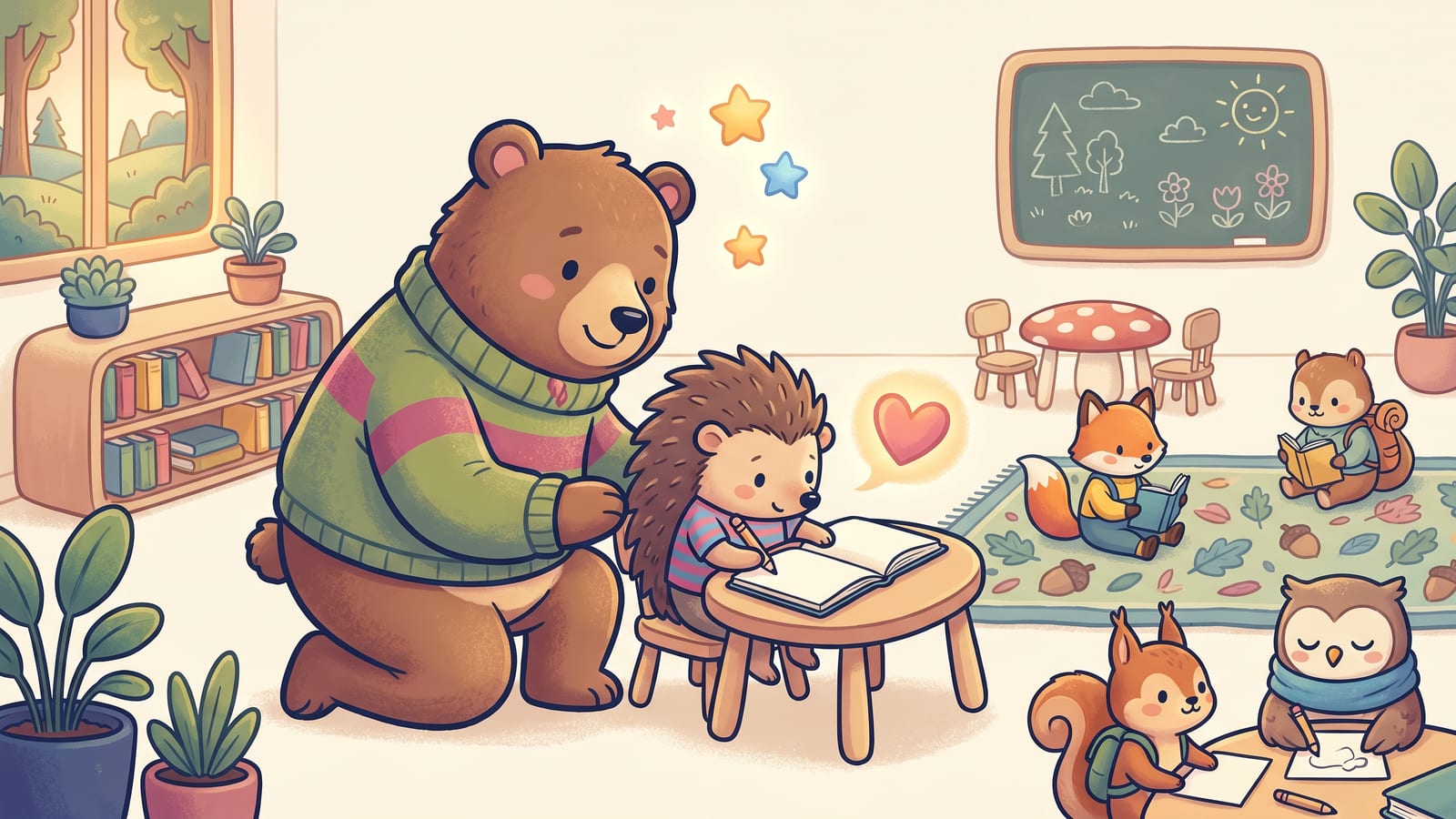 Illustrated bear teacher kneeling beside a focused hedgehog student to offer warm encouragement