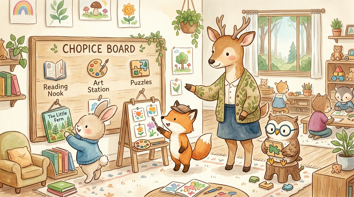 Illustrated woodland-animal students choosing their own activity at a cozy classroom choice board — a bunny picking a picture book, a fox pointing at an art station, an owl deciding on a puzzle — while a gentle deer teacher gestures warmly toward the options