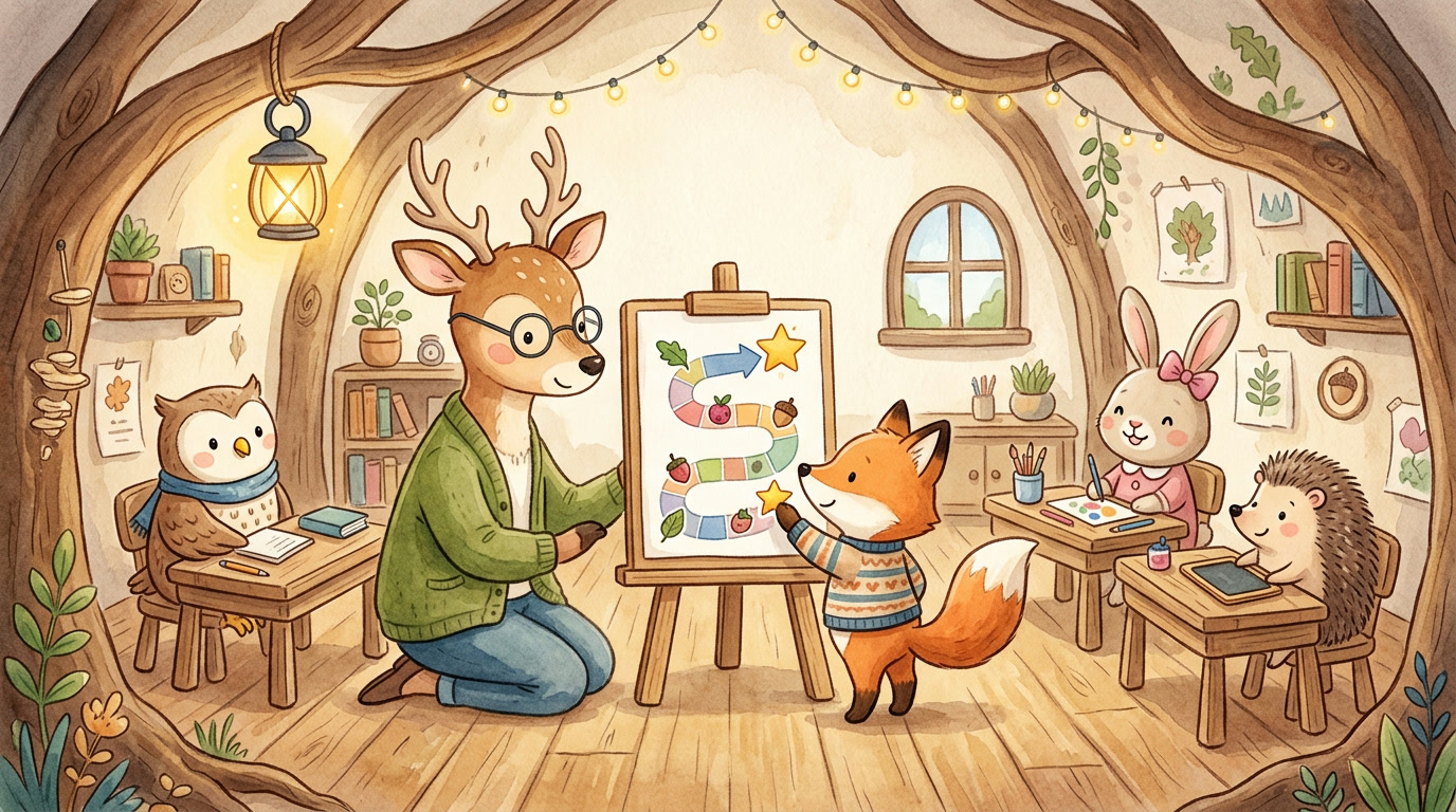 Illustrated woodland classroom where a gentle deer teacher kneels beside a small fox student at an easel holding a simple progress chart, the fox proudly placing a gold star on the next step of a winding path while a rabbit, an owl, and a hedgehog classmate look on from their cozy desks, warm lantern light glowing over the scene
