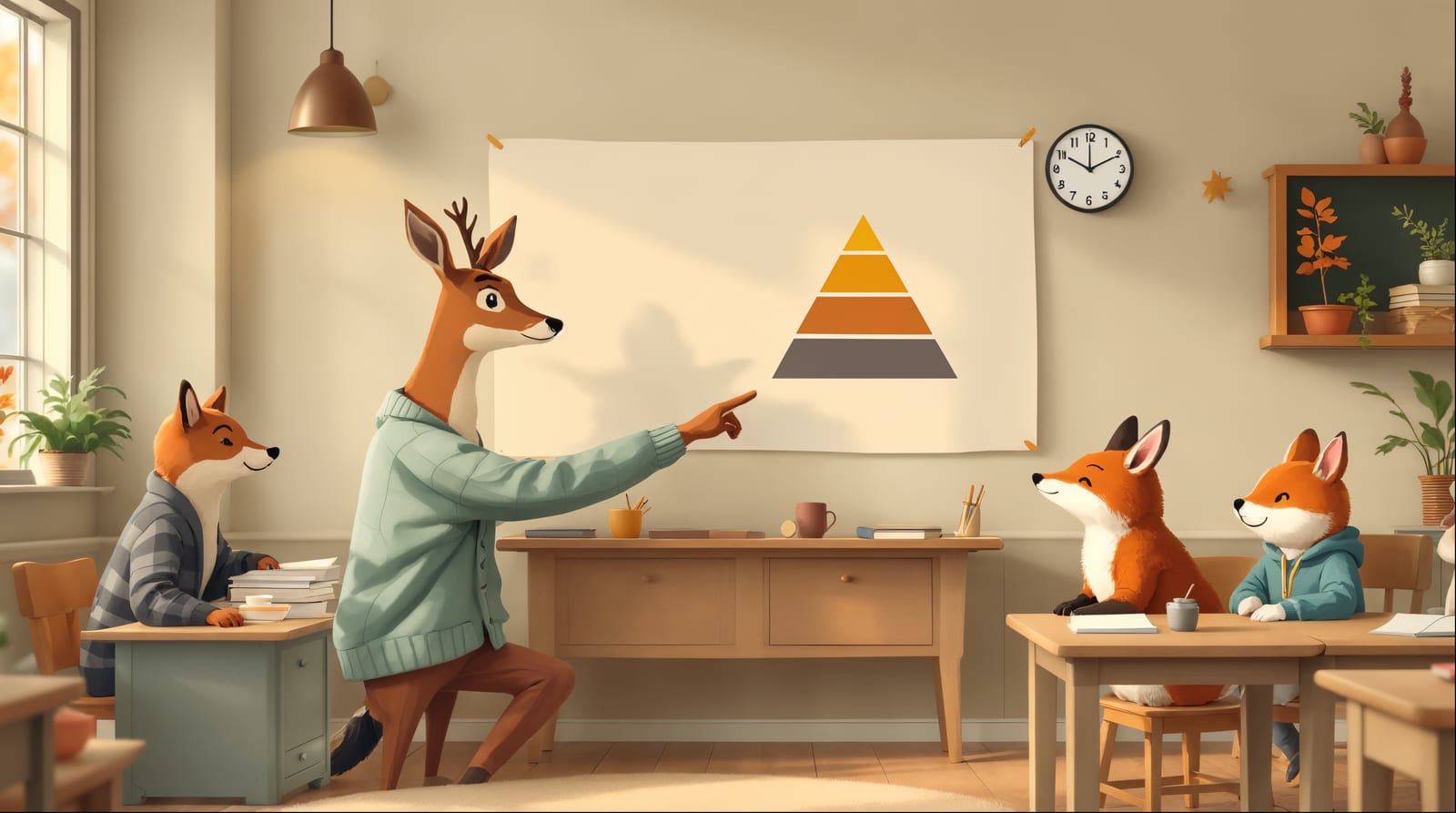Illustrated deer teacher pointing to a three-tier pyramid poster while fox students listen attentively in a cozy classroom